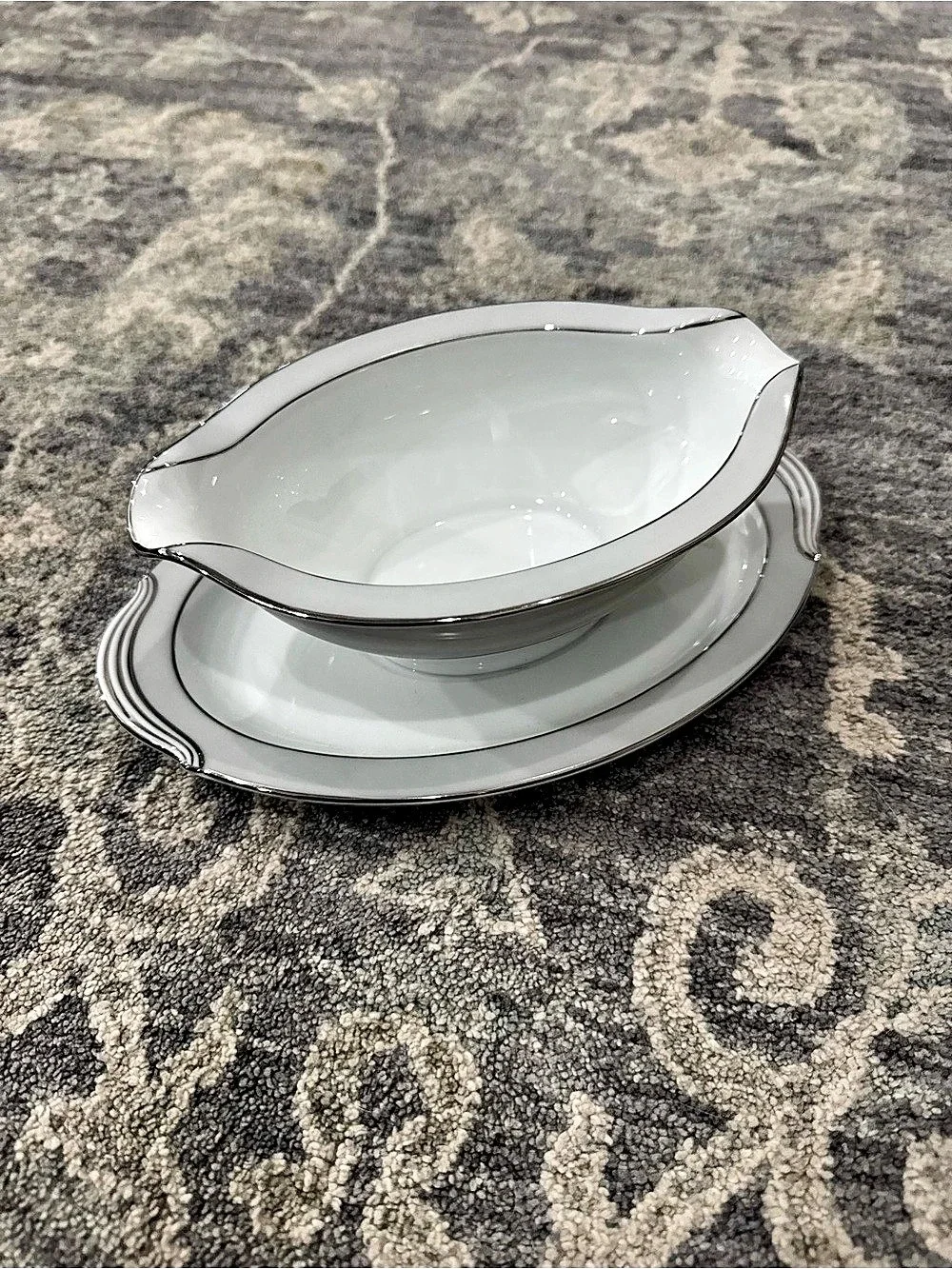 Vintage Noritake Grayburn 5323 Gravy Boat Attached Underplate Platinum Japan